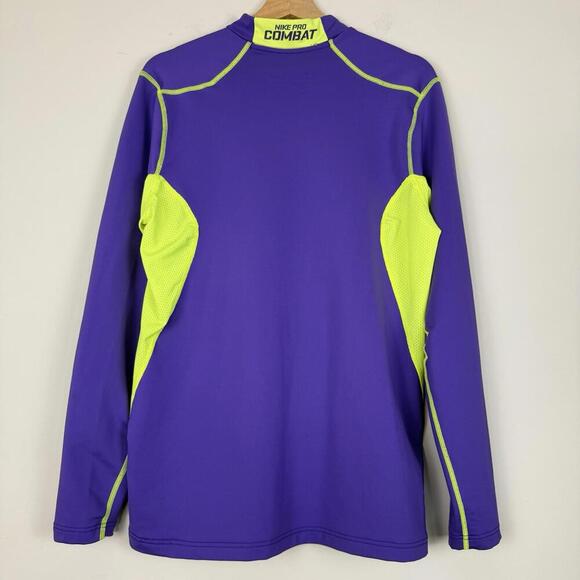Nike Pro Combat Hyperwarm Dri-Fit Max Shirt Purple Neon Yellow Size L Fitted Y2K - Picture 2 of 8